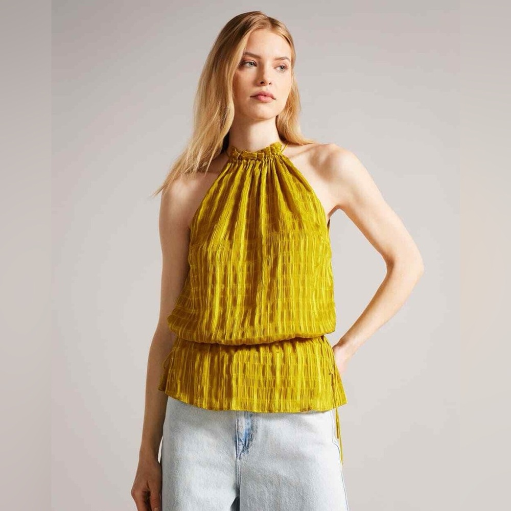 Ted Baker Women’s Cliara Blouse Size 2 US 6 Drawstring Waist Halter Tops Yellow